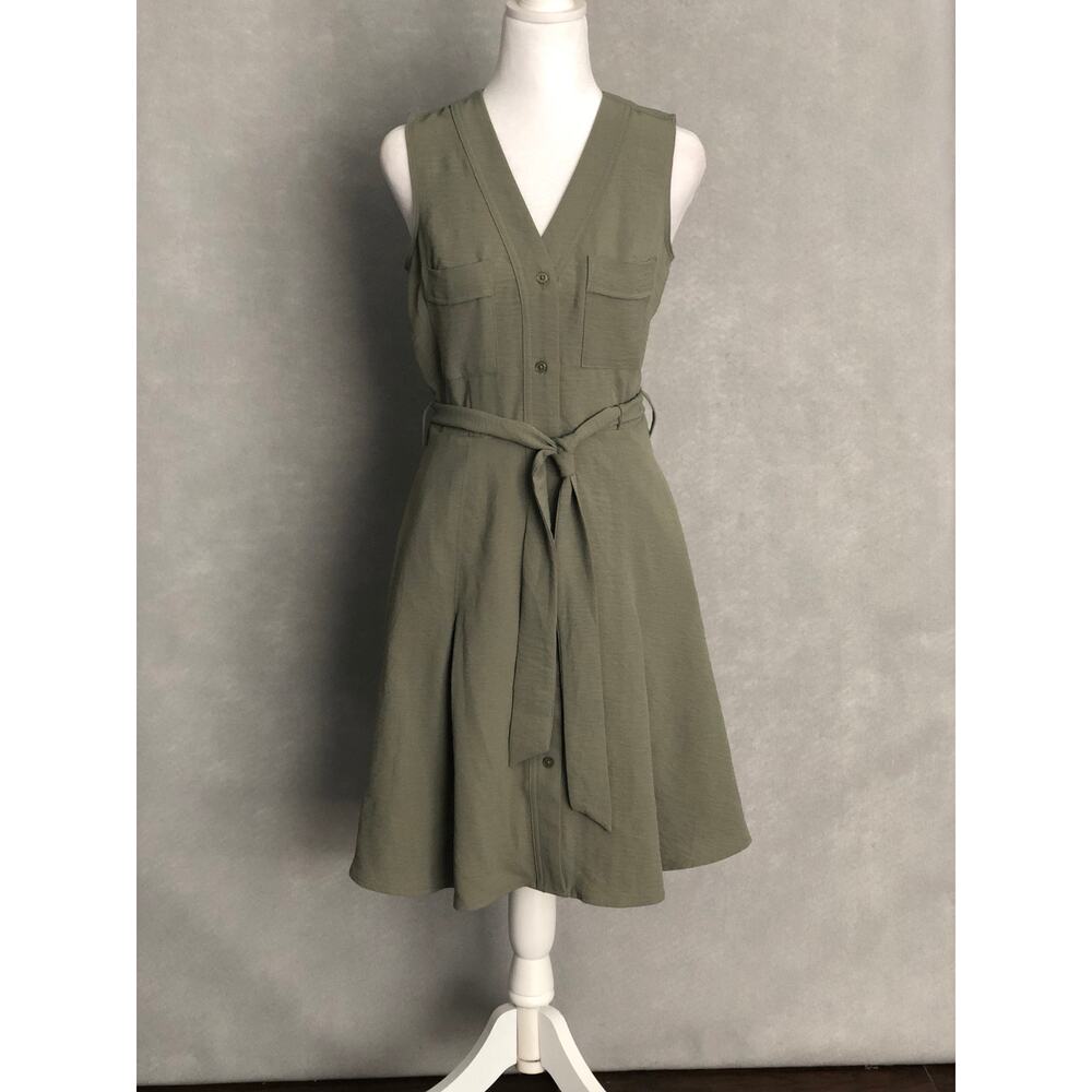DKNY Fit & Flare Dress Button Front Waist Tie  Olive Women's Size 2 NEW